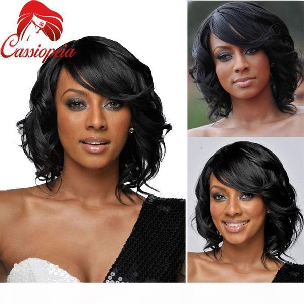 

7a peruvian body wave lace front human hair wigs short bob wigs right part with bangs full lace wigs for black women, Black;brown