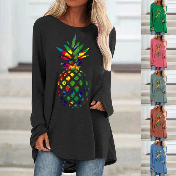 

blouse women fashion casual pineapple print o-neck loose long sleeve shirt blouse pullover plus size women clothing blusas, White