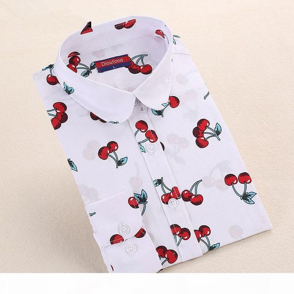 

new floral long sleeve vintage blouse cherry turn down collar shirt blusas feminino ladies blouses womens fashion, White