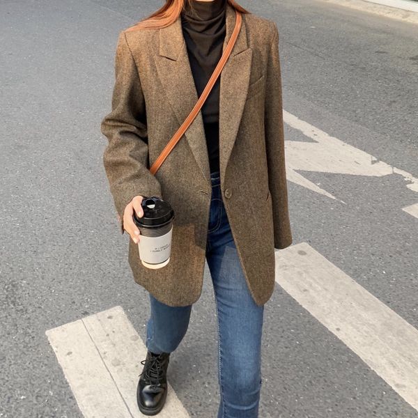 

fashion autumn women stripe woolen blazers and jackets work office lady suit slim double breasted business female blazer coat 201106, White;black