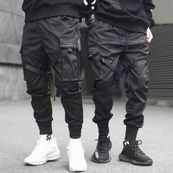

Men's trousers with ribbon, casual Street assembly pocket, harem style, hip hop, Harajuku, Black