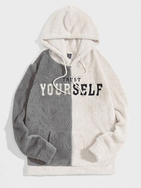 

men slogan embroidery two tone drawstring teddy hoodie v1g8#, Black