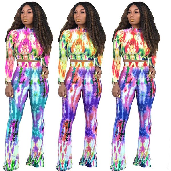 

tie dye женщин двухкусочный наборы sexy длинные футболки широкий legging брюки autumn повседневная женщин 2pcs outfit, White