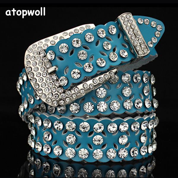 

rhinestone cowskin genuine leather belts for women jeans luxury woman belt pin buckle waist strap for female dress t200113, Black;brown