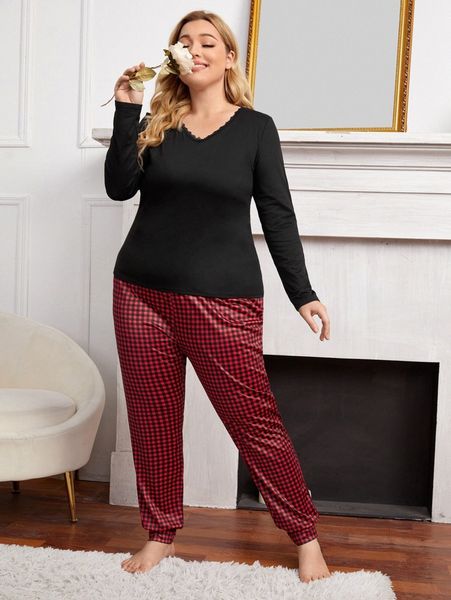 

plus lace trim tee & gingham pants pj set v9pc#, Black;white