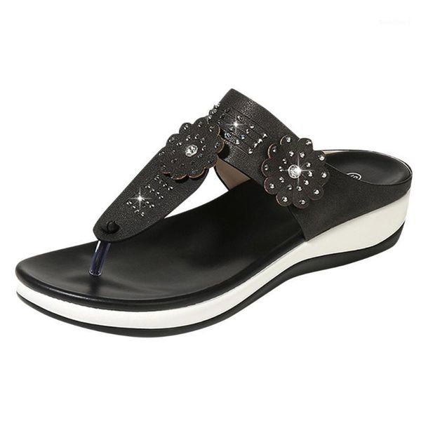 

women slipper beach summer women clip toe flip flops flat heels sandals with flower rhinestones and platform sandals #4.221, Black