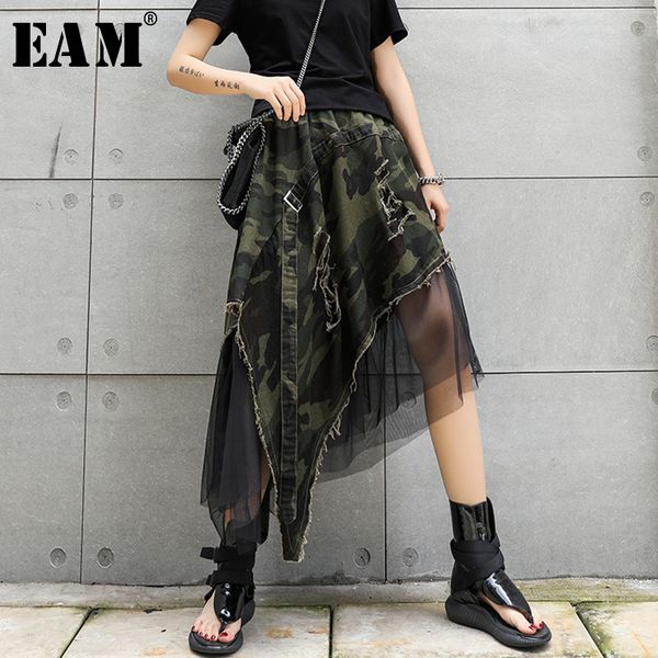 

eam] 2020 new spring summer high elastic waist camouflage irregular mesh personality half-body skirt women fashion tide jw294 1014, Black