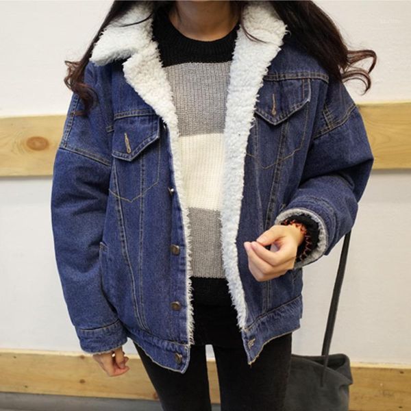 

women's jackets wholesale- winter ladies large code thickened lambs wool denim jacket fashion students cotton padded clothing plus velv, Black;brown