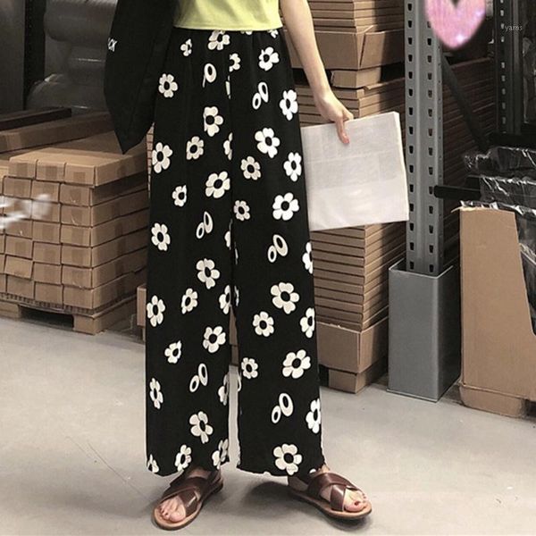 

vintage floral butterfly pants elastic waist women high waist wide leg straight pants casual female korean home wear trousers1, Black;white
