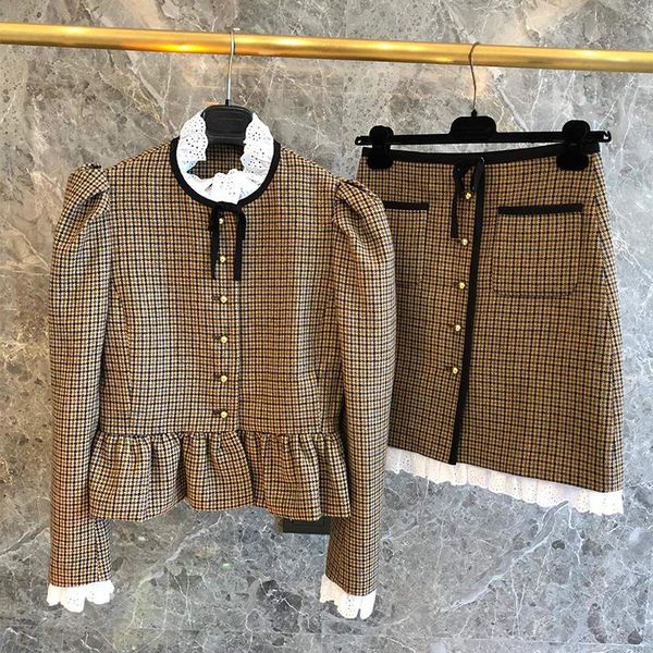 

women's sets long sleeve single breasted ruched and pleat plaid jacket and pockets mini skirt sets for lady 2021, Gray