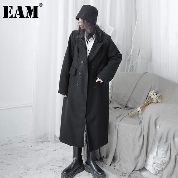 

eam] loose fit big size pocket thick button woolen coat parkas new long sleeve women fashion tide autumn winter 2020 1dd07991, Black