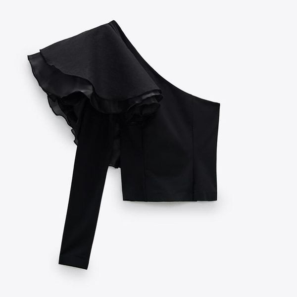 

deat] 2020 spring autumn new fashion laminated ruffles asymmetrical long sleeve temperament women black t-shirt 13u682, White