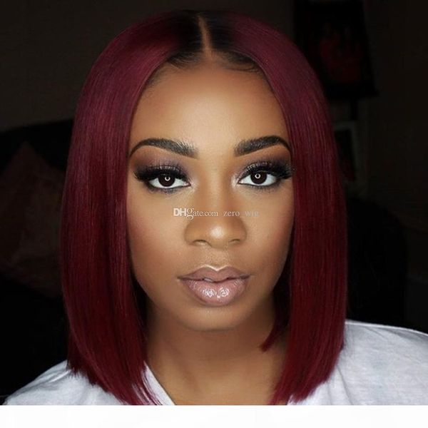 

ombre 1b burgundy lace front human hair wig 1b #99j two tone colors bob wave natural full lace wigs for women, Black;brown