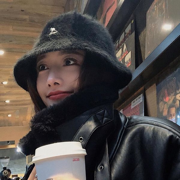 

4moy japanese thickened bear ears plush fisherman female winter warm kangaroo student cute fur ball wild basin hat, Brown;gray