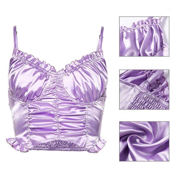 

women spaghetti strap shiny crop pleated ruffles off shoulder cami vest1, White