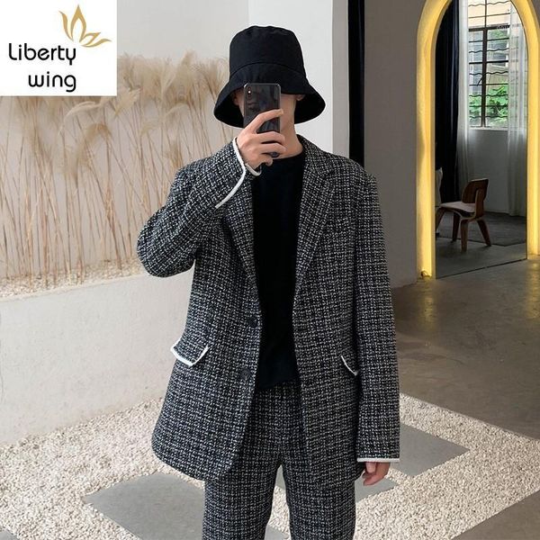 

korean casual mens plaid two piece suits long sleeve single breasted lapel mixed colors loose blazer straight ankle length pants1, White;black
