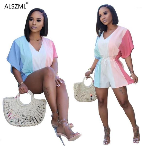 

2020 summer women jumpsuit multi color spliced v neck streetwear outfit beach style lady fashion jumpsuits playsuit1, Black;white