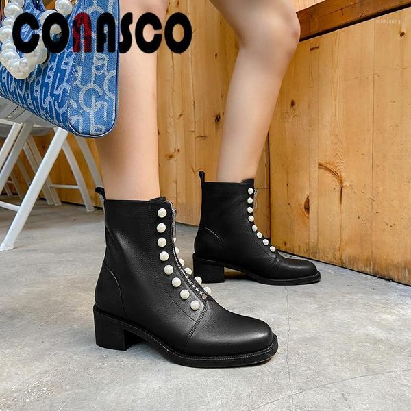

boots conasco 2021 autumn winter women ankle genuine leather shoes woman thick heels front zipper casual pearl short boots1, Black