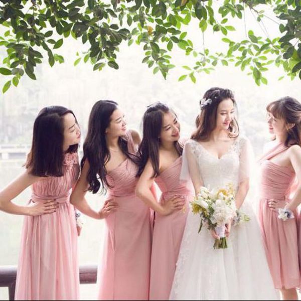 

Robe De Soriee Long Elegant Pink Bridesmaid Dress Chiffon Pleat Sweetheart Cheap Simple Prom Party Gown Vestido De Noiva 1680
