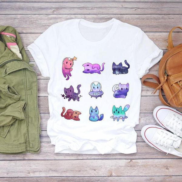 

women cartoon space cat funny cute 90s pint clothes summer shirt t-shirts t graphic female ladies womens tee t-shirt, White