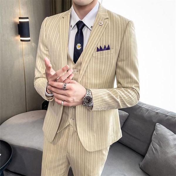 2021 High Quality Men Striped Suit Fashion Pink Yellow Apricot Mens