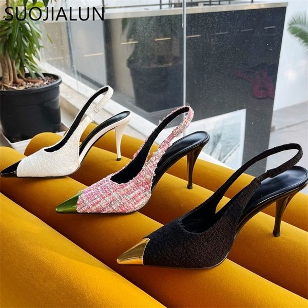 

suojialun spring brand women sandal fashion pointed toe slip on mules thin high heels ladies pumps slingbacks sho 220308, Black