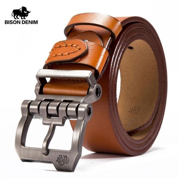 

bison denim brand belt for men cowskin genuine lether pin buckle male strap vintage jeans n71223 y200520, Black;brown
