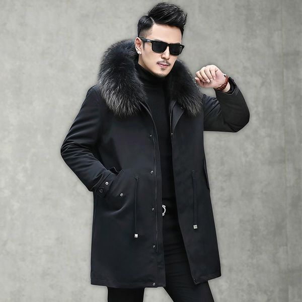 

men's leather & faux real fur coat men wool winter raccoon collar parka for mens clothing 2021 casaco v18-2511 yy938, Black