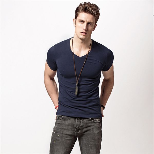 

stretch v neck mens cotton causal t shirt solid short sleeved t-shirt for male men's fashion fitness tights slim tshirt, White;black