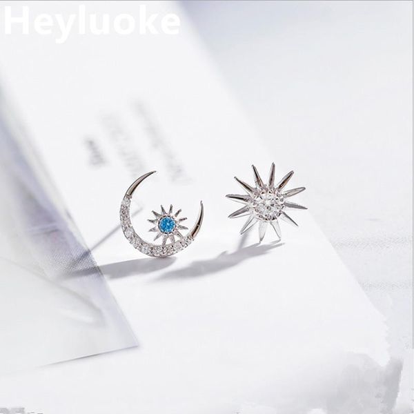 

stud heyluoke 100% sun moon star asymmetry luminous cz earrings for women fine jewelry, Golden;silver