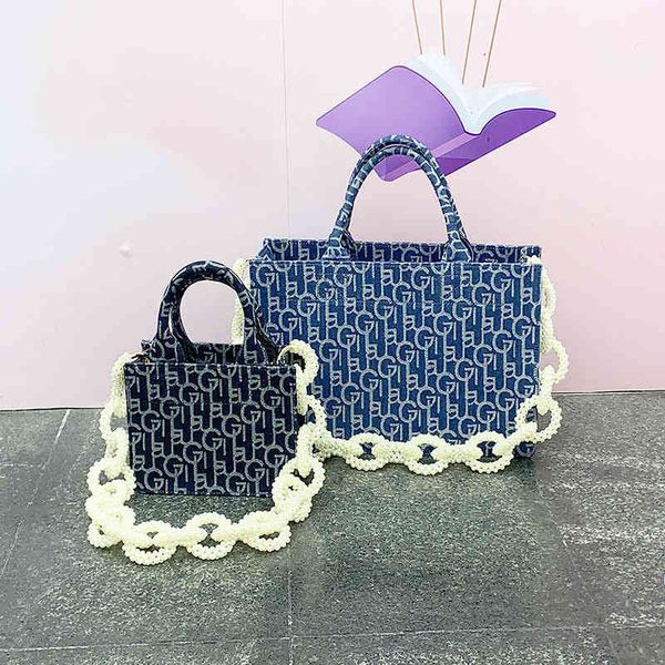 Ins Net Red Left Bank Xiaoxige Stessa borsa con perle Borsa a catena con perline a mano Messenger con una spalla in denim