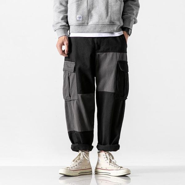 

men fashion splice straight wide leg cargo pants vintage streetwear hip hop loose casual harem trousers joggers sweatpants1, Black