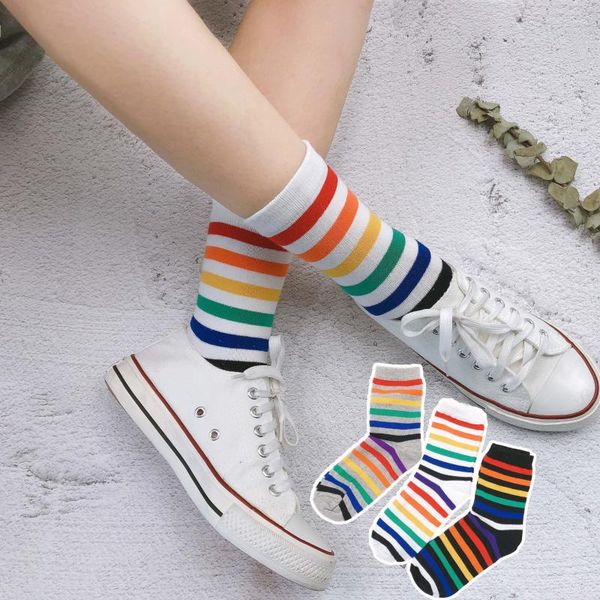 

socks & hosiery 3 pairs lot pack women tide the arrival fashion rainbow stripe sport cotton happy funny cute colorful, Black;white
