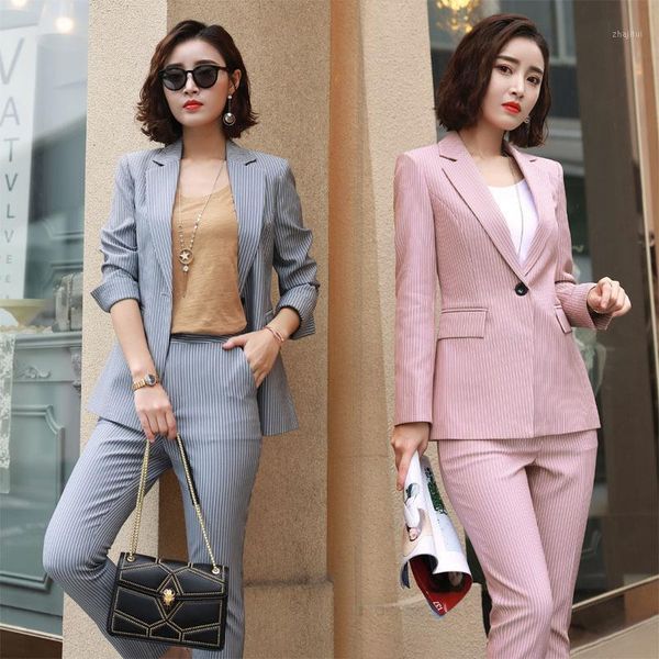 

2020 female gray pink stripe formal business elegant pant suits ladies women pants suits lady office dress jacket blazer set1, White;black