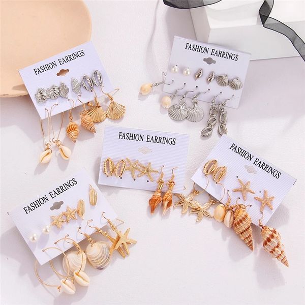 

bohemian shell geometric big circle earrings for women fashion pearl long tassel dangle earrings set ocean jewelry, Silver