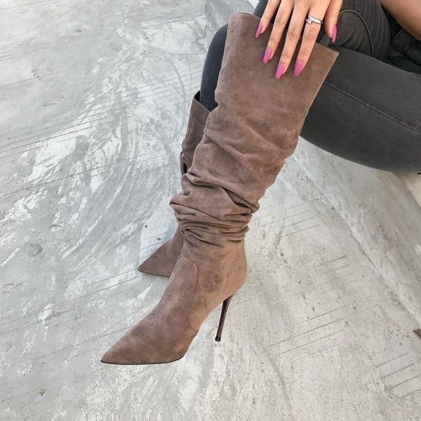 

boots selling gray suede pleated tall loose pointed toe thigh high stiletto heel women dress shoes plus size 10, Black