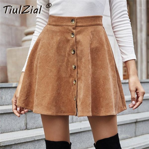 

tiulzial high waist mini skirt women button corduroy short skirt autumn casual a-line skirts bottom lady solid1, Black