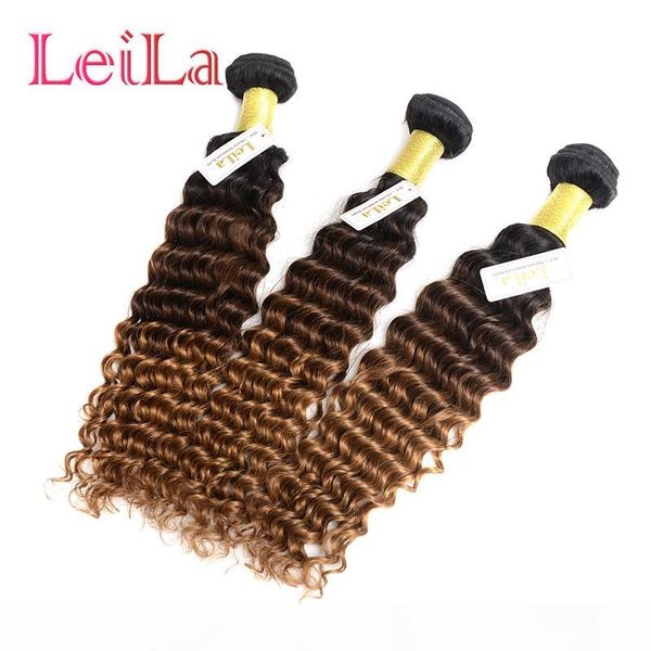 

brazilian malaysian indian peruvian hair 1b 4 27 deep wave hair 3 pieces lot ombre three tone virgin hair weft extensions deep wave curl, Black