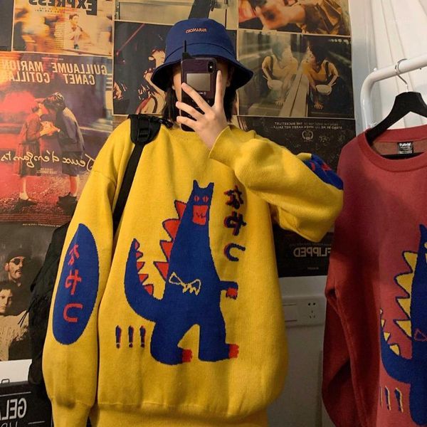 

2019 winter men's cartoon embroidery coats cashmere knitting red/yellow pullover casual keep warm loose woolen sweaters -2xl1, White;black