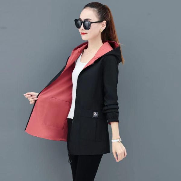 

women's trench coats women hooded jackets spring autumn causal windbreaker wear on both sides plus size famale, Tan;black