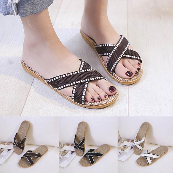 

2020 casual slippers for home slippers summer cross strap soft floor woman indoor flats shoes cute linen slipper terlik#05131, Black