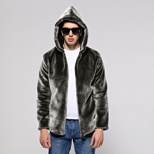 

mens silvery grey faux fur coat faux fluffy warm coat men thick plus size hooded jacket winter loose casual male, Black