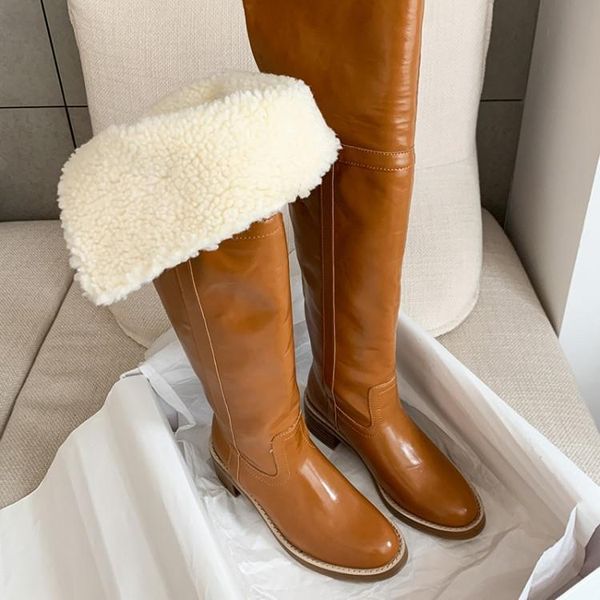 

boots warm fur women 2021 black brown leather thigh high ladies booties round toe middle chunky heels shoes woman slip on