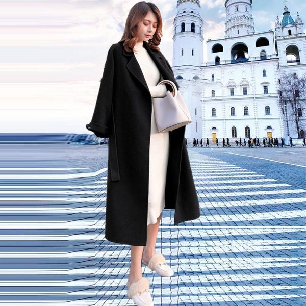 

women's wool & blends 2021 women elegant long coat with belt solid color sleeve chic outerwear ladies overcoat for autumn winter korea, Black