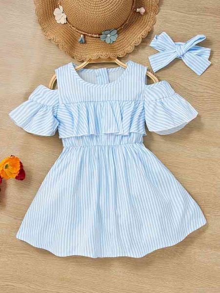 

baby striped cold shoulder flounce sleeve ruffle trim dress & headband she, Red;yellow