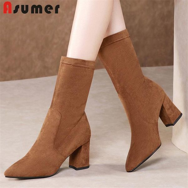 

boots asumer 2021 arrival ankle for women flock pointed toe autumn winter stretch high heel dress shoes ladies, Black