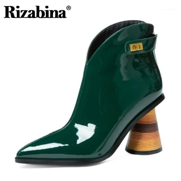 

boots rizabina real leather women ankle high heel metal decoration shoes pointed toe warm fashion footwear size 34-391, Black