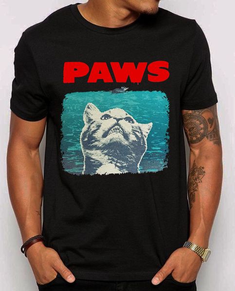 

paws jaws parody t-shirt. funny cat lovers flash print slim fit crew neck custom tee sport hooded sweatshirt hoodie