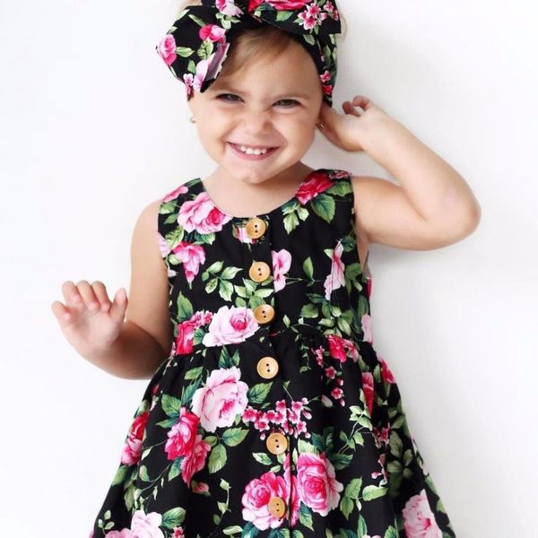 

toddler baby girl outfit sleeveless dress floral pattern backless headband cute summer sundress party dresses girl 1-5years, Red;yellow