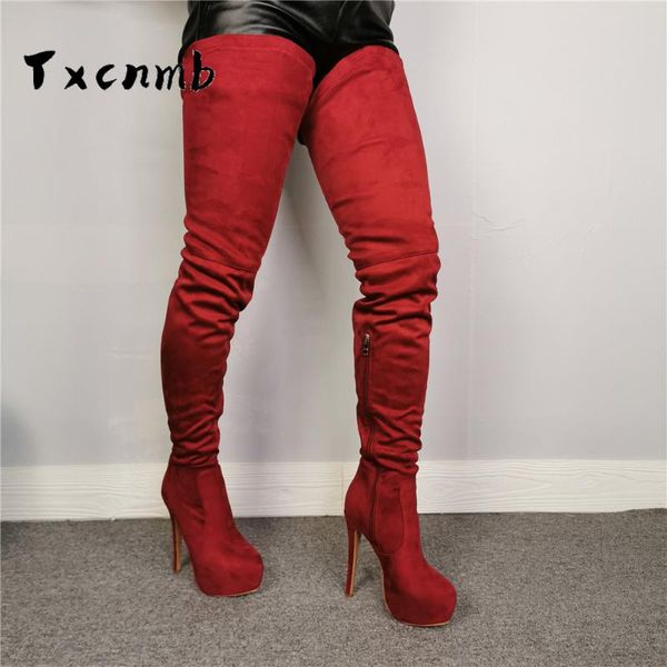 

txcnmb new arrival thigh high boots women red colors autumn winter thin high heels party dress platform shoes woman long boots, Black